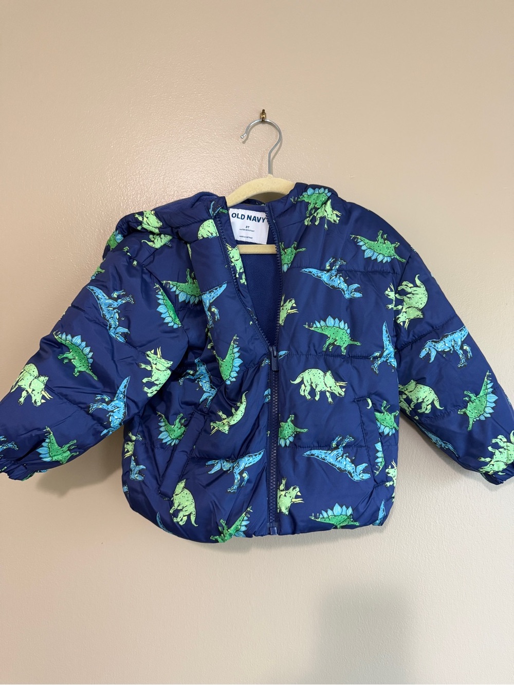 Old Navy Navy Blue Puffer Jacket with Green & Teal Dinosaur Print